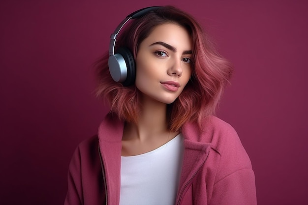 Front view young attractive female wearing colored coat listening to music on the darkpink wall mode