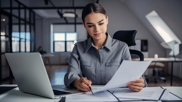 A front view young beautiful lady in grey shirt working with the documents using her pc sitting ins