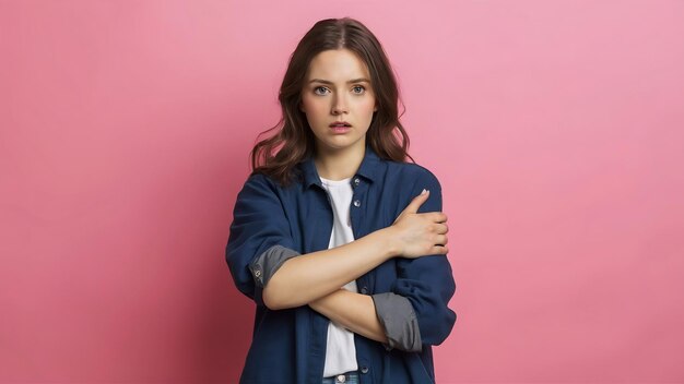 사진 front view young female in dark jacket with hurt arm on pink background