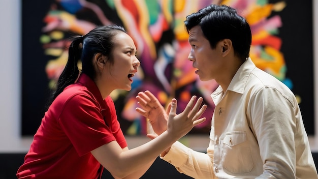 Front view young female in red shirt quarelling with male on the cream space female cloth photo