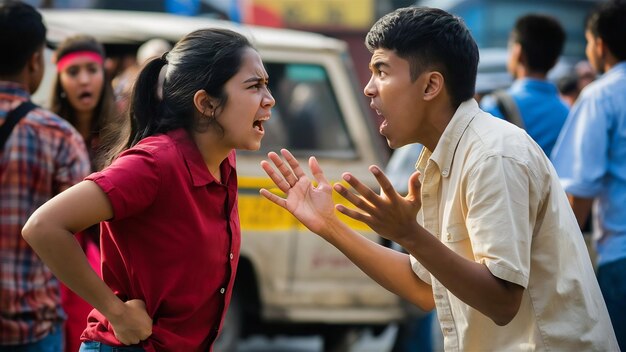 Photo front view young female in red shirt quarelling with young man on the cream space female cloth qua