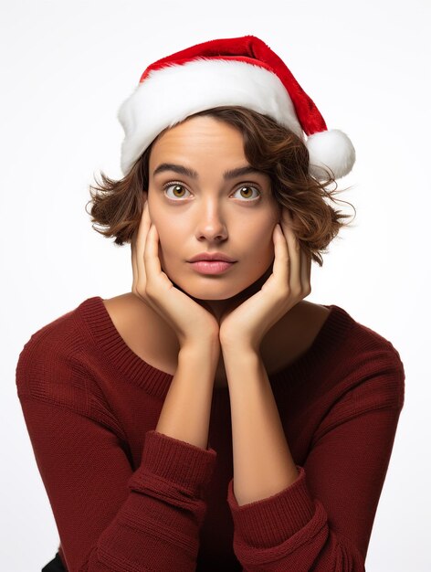 クリスマスの帽子をかぶった若い女性の思考のフロントビュー