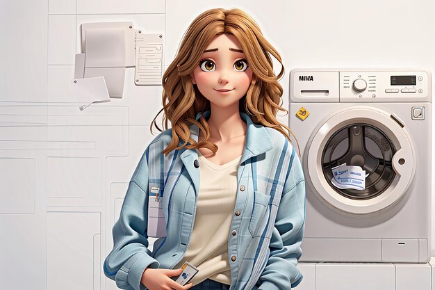 Front view of young female with washing machine holding bank card on white wall