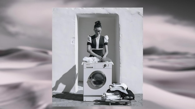 Front view of young female with washing machine preparing clothes for wash on a white wall