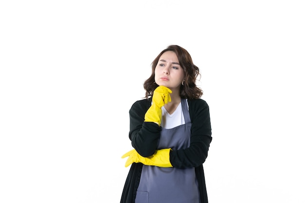 front view young female in yellow gloves thinking on white background tree woman nature garden color flower gardener