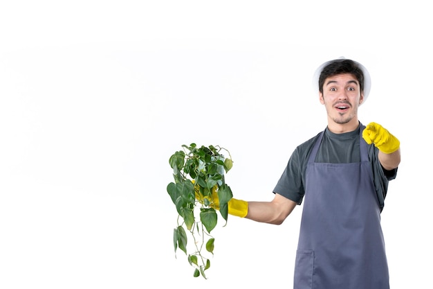 Front view young male gardener holding plant on white background garden trees ground green job flower grass color gardener