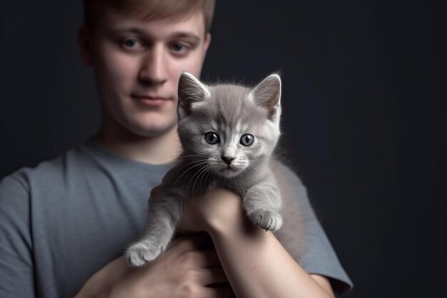 Photo a front view young male in grey tshirt holding cute grey kitten