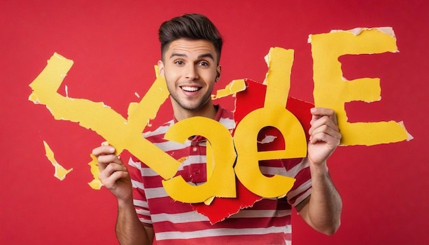 Photo front view young male holding red sale writing on the yellow ripped background