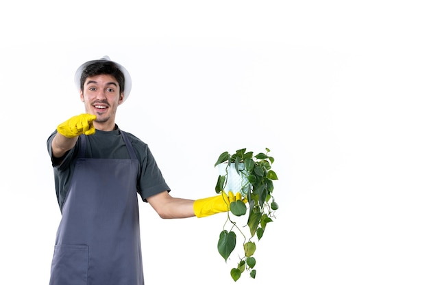 正面図白い背景に植物を保持している黄色の手袋の若い男性草の木地面庭師緑の仕事庭の花の色