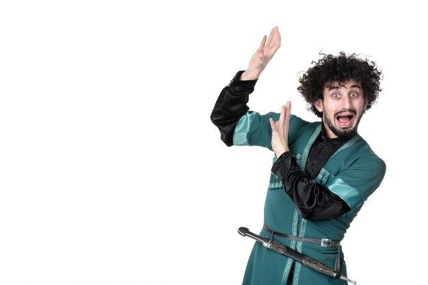 Front view of young man in traditional azerbaijani costume on white background dancer spring horizontal performer concept ethnicity