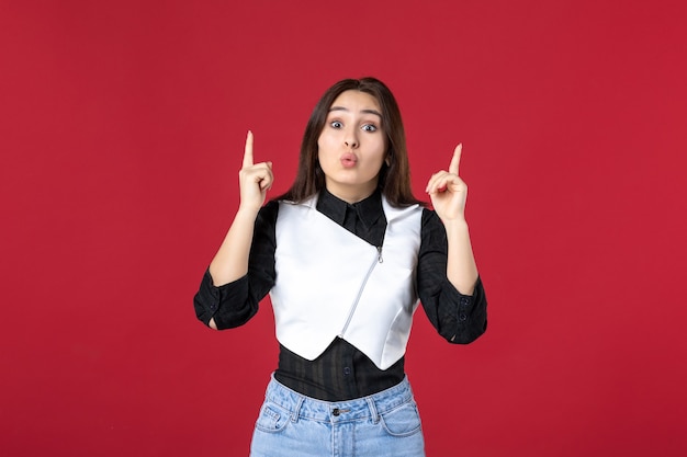 front view young waitress in uniform on red background color job work dish cafe evening worker dinner