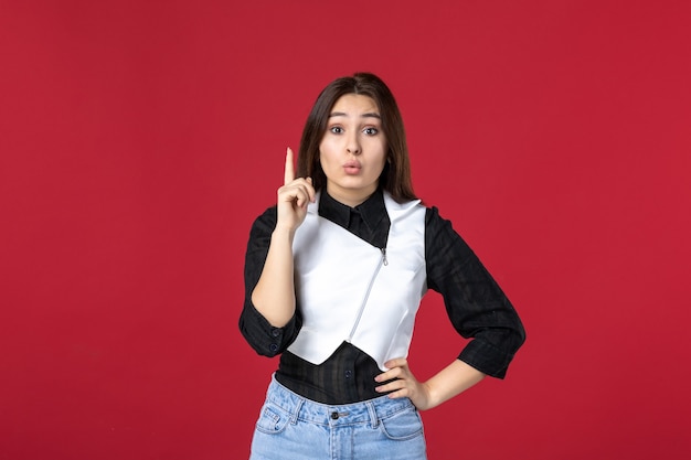 front view young waitress in uniform on red background color job work restaurant dinner dish cafe evening worker