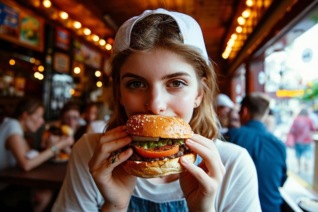 Front view young woman eating burger