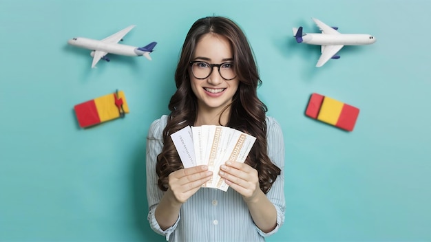 Photo front view young woman holding tickets and preparing for trip on lightblue background journey voya