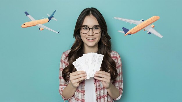 Photo front view young woman holding tickets and preparing for trip on lightblue background journey voya