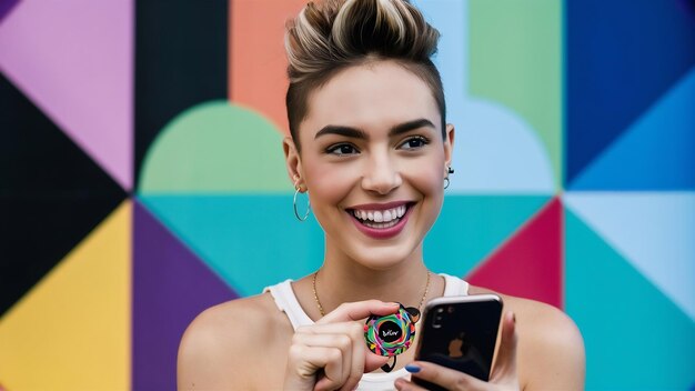 Photo front view young woman using popsocket