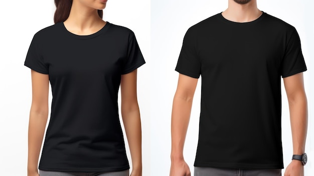 白い背景に隔離された黒いTシャツを着た若い男性と女性のフロントビュー デザインのためのモックアップ
