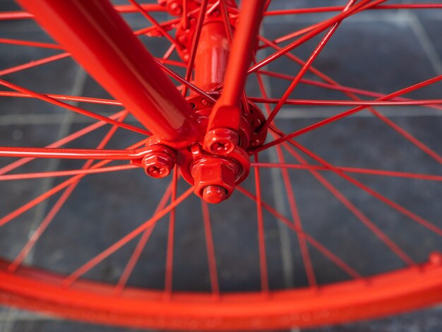 front wheel of bike. All red Bicycle wheel