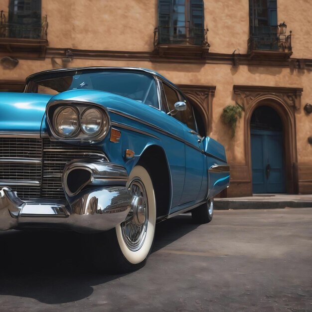 Front wheel of a blue vintage sedan