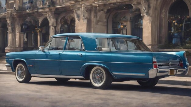 Front wheel of a blue vintage sedan