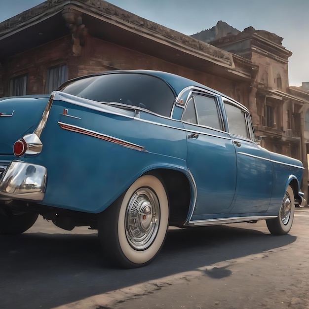 Front wheel of a blue vintage sedan