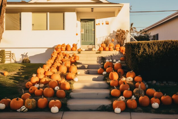 Foto facciata del cortile anteriore di una casa di un sobborgo con un sacco di zucche di halloween soffice sera luce vibrazioni autunnali