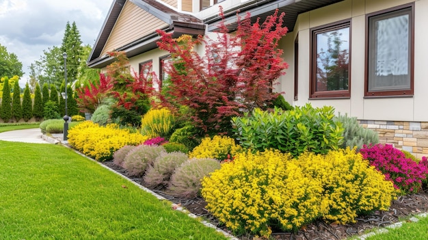 Front yard landscape design with multicolored shrubs intersecting with bright green lawns