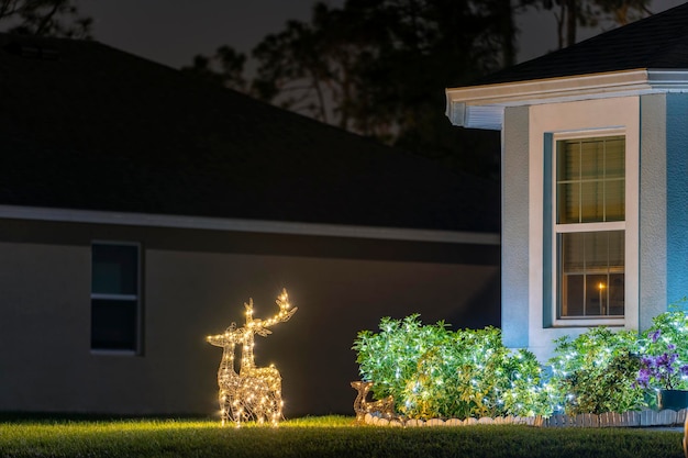 Front yard with brightly illuminated christmas decorations Outside decor of florida family home for winter holidays