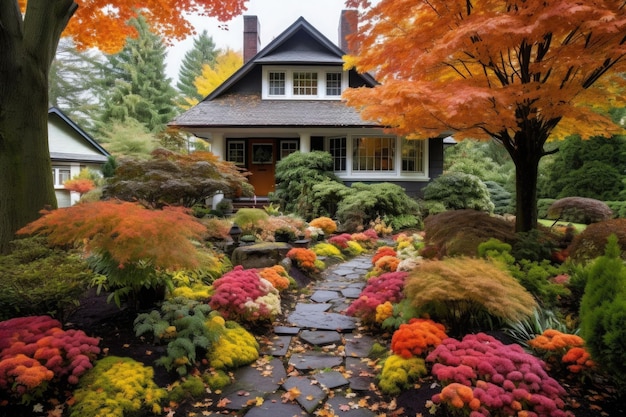 秋の植物のある前庭、秋の休暇シーズンに向けて装飾されたスタイリッシュな家、前景にカラフルな茂み AI が生成したイラスト