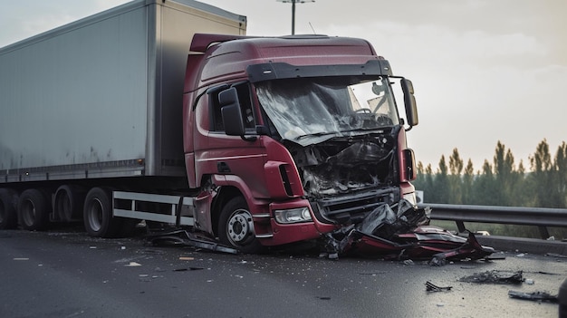 Photo frontal collision between a car and a large truck on a road generative ai