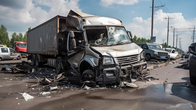 Photo frontal collision between a car and a large truck on a road generative ai