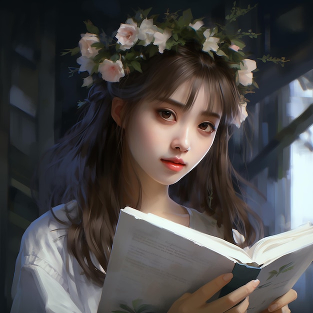 Frontal Headshot Anime Girl Reading a New Book