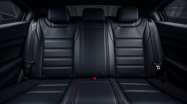 Photo frontal perspective of the opulent black leather back passenger seats in a contemporary luxury car