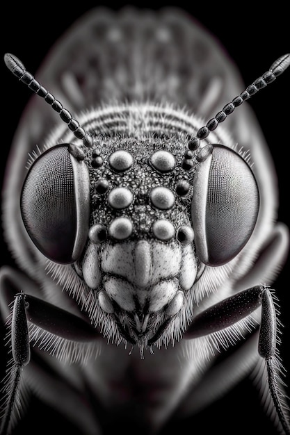 frontal portrait black and white closeup insect