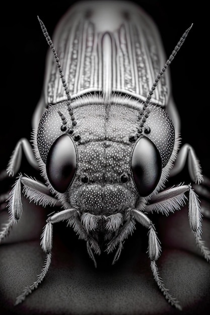 frontal portrait black and white closeup insect