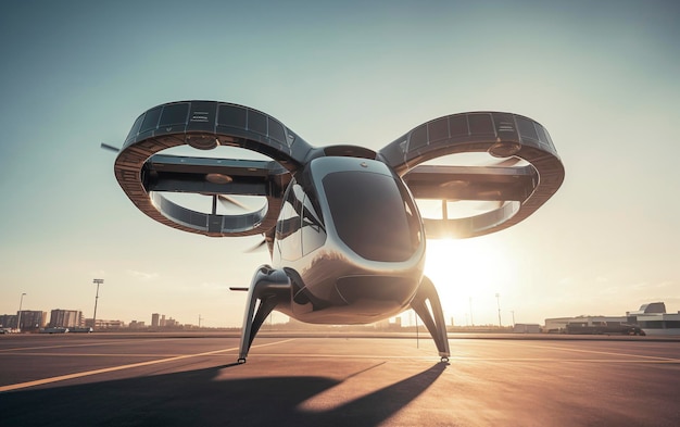 Frontal Shot of Ultramodern VTOL Aircraft Grounded on a Sunny Day with Backlit Sun