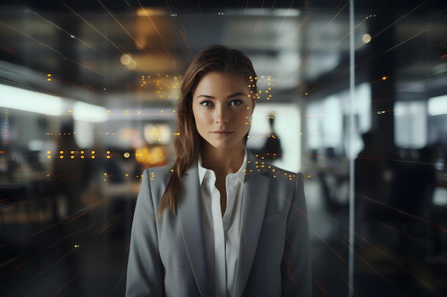 Frontal view of a beauty businesswoman facing a Artificial intelligence screen in the office