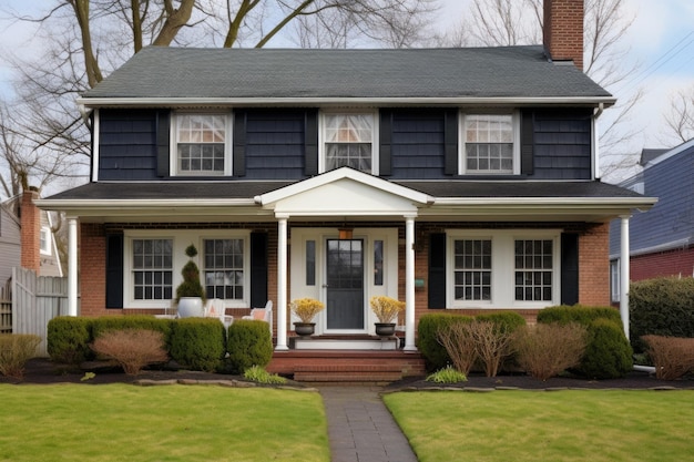 Photo frontal view of a brick colonialstyle house with a black roof