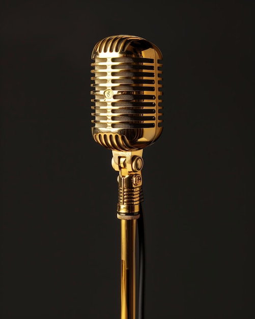 Photo frontal view classic golden microphone
