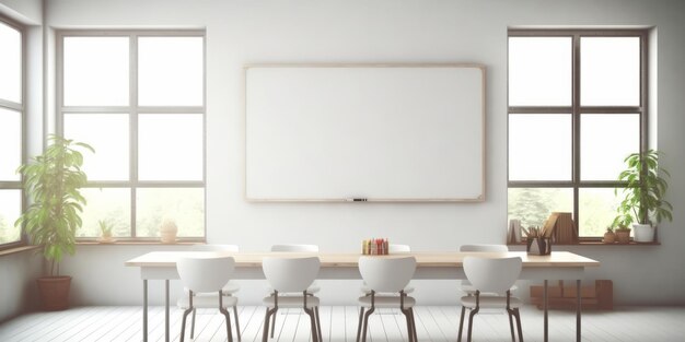 frontal view empty clean classroom with white board