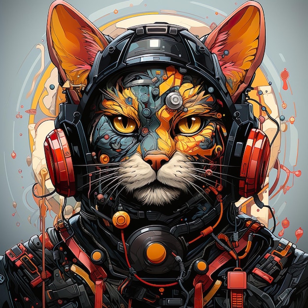 Photo frontal view of futuristic cyberpunk cat in street art style