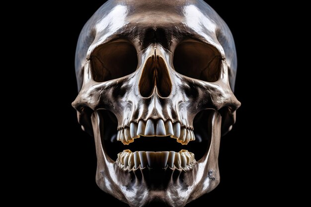 黒い背景に反射して口を開けた人間の頭蓋骨の正面図