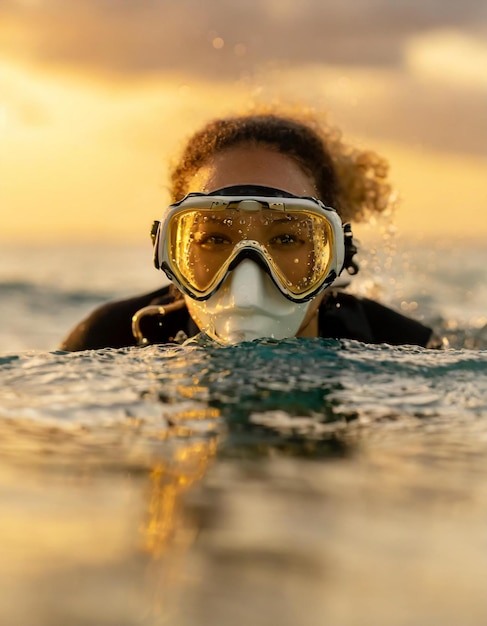 Frontal view of mixed race person with a diving mask on calm ocean waters during sunset