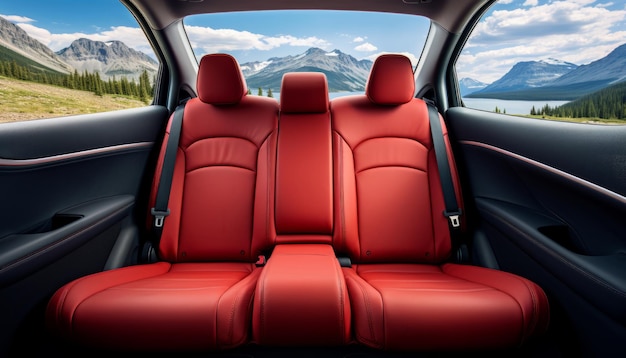 Frontal view of plush and comfortable red leather back passenger seats in a modern and luxurious car