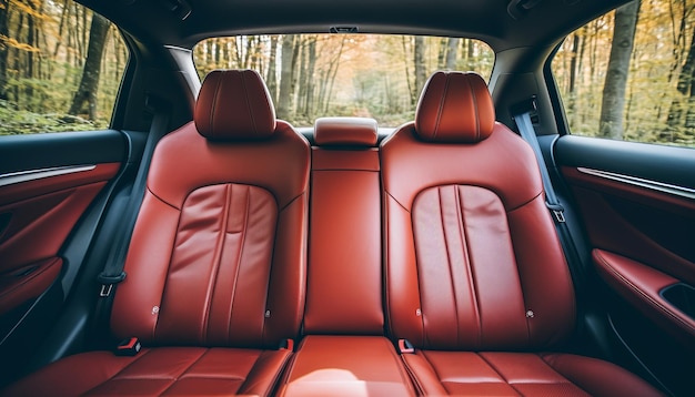 Frontal view of plush red leather back passenger seats in a sleek and modern luxury car interior