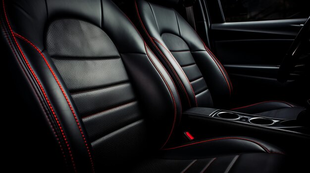 Frontale uitzicht op slanke zwarte leren achterpassagiersstoelen in een modern luxe auto-interieur