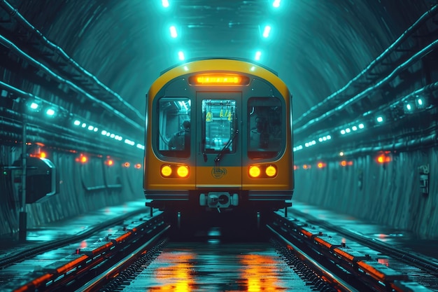 Frontale weergave van een moderne metrowagon Trein in een neonverlichte gebogen tunnel van de ondergrondse metro