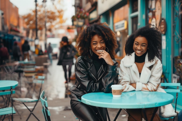 Frontbeeld van een Afro-Amerikaans vrouwelijk paar vrienden die samen buiten aan een koffietafel zitten