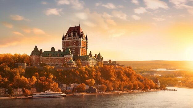 Frontenac castle in old quebec city in the beautiful sunrise light high generative ai