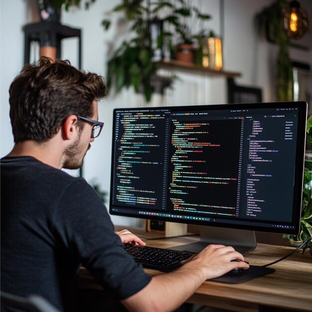 a frontend developer coding a modern website with a sleek minimalist user interface